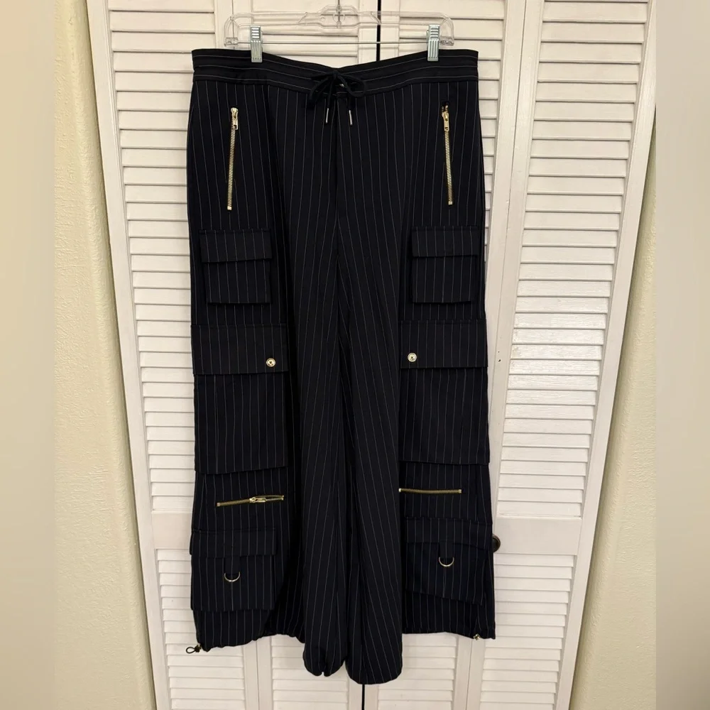 Cynthia Rowley Blue Pinstripe Cargo Dress Pants with Gold Details - Picture 1 of 6